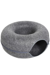 Round grey donut-shaped tunnel bed with zippered closure and semi-enclosed entrance
