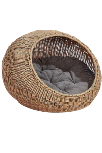 Dome-shaped wicker cat bed with wide entrance and soft grey cushion