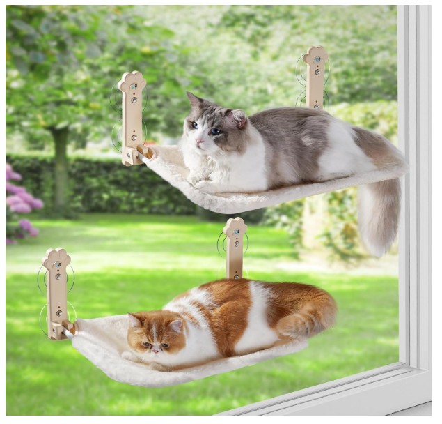Two cats lounging separately on a two-level window-mounted hammock set with soft fleece lining and paw-shaped suction brackets