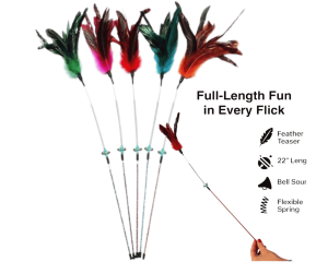 Feather wand stick toy with spring action shaft for cats – bounces back during interactive play.