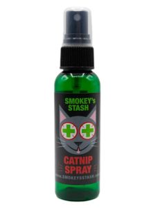 Smokey’s Stash catnip spray bottle – used to refresh toys and promote feline play.
