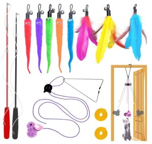 Cat toy set with retractable wands, feather teasers, and door-hanging toy for active enrichment play.