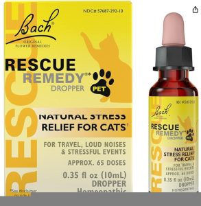 Bach Rescue Remedy Pet drops for cats to ease stress from travel or loud noises.