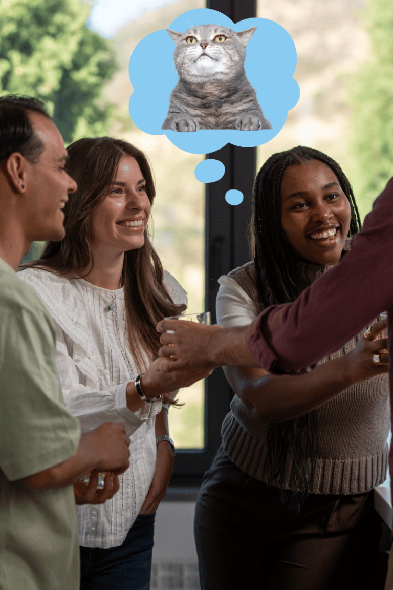 Cat thinking during a busy holiday gathering, showing how guests and noise can cause stress for cats at home in Miami.