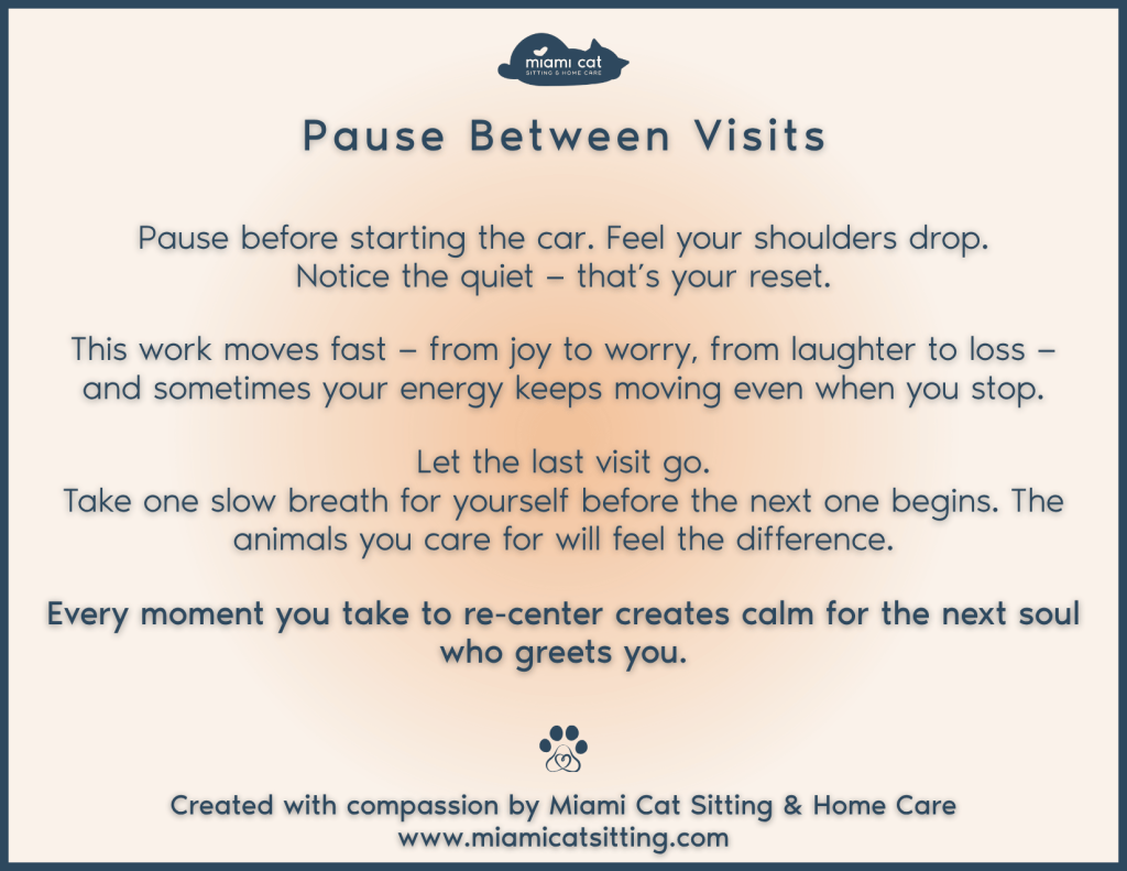 Mindfulness card titled “Pause Between Visits” reminding pet professionals to breathe and reset between appointments.